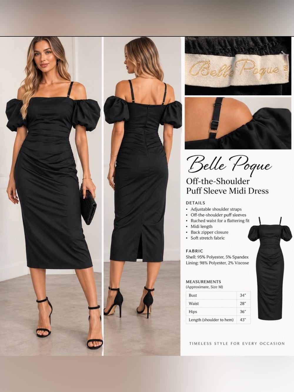 Belle Poque Black Off-Shoulder Midi Dress with Puff Sleeves, Size M